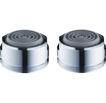 Două regulatoare de jet pentru robinete din metal cromat cu inserție din plastic gri.
