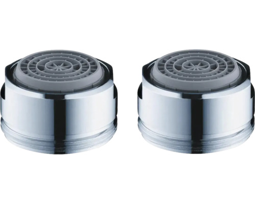 Două regulatoare de jet pentru robinete din metal cromat cu inserție din plastic gri.