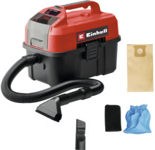 Aspirator umed-uscat cu acumulator Einhell cu furtun, duză pentru rosturi, duză cu perie, sac de hârtie și filtre.