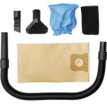 Set de accesorii pentru aspirator cu furtun, sac de hârtie, filtru textil, filtru de spumă, duză pentru spații înguste și duză pentru tapițerie.