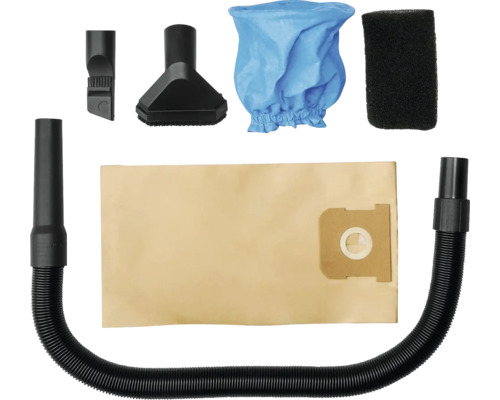 Set de accesorii pentru aspirator cu furtun, sac de hârtie, filtru textil, filtru de spumă, duză pentru spații înguste și duză pentru tapițerie.