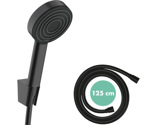 Set pară de duș negru cu suport și furtun de duș lung de 125 centimetri.