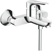 Baterie monocomandă pentru cadă din metal cromat cu montaj pe perete, divertor și racord de duș.