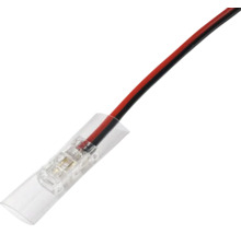 Conector transparent cu cablu roșu-negru și manșon de protecție transparent.