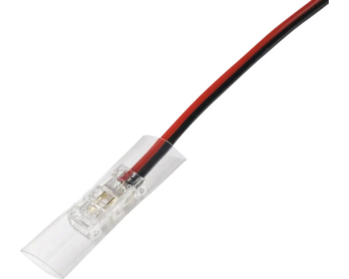 Conector transparent cu cablu roșu-negru și manșon de protecție transparent.