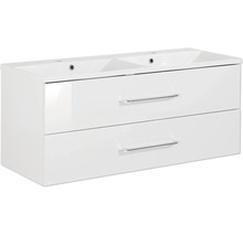 Set mobilier de baie alb lucios cu lavoar dublu, două sertare și mânere cromate.