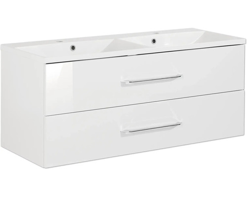 Set mobilier de baie alb lucios cu lavoar dublu, două sertare și mânere cromate.
