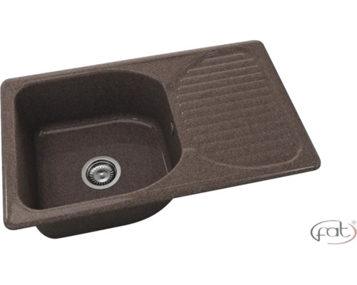 Chiuvetă încorporată din material compozit maro închis cu o cuvă și picurător. Fat Logo.