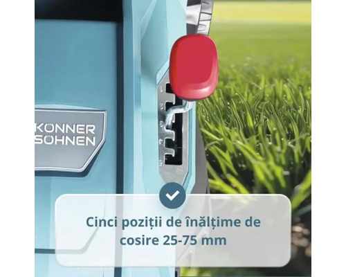 Logo Könner & Söhnen, reglarea înălțimii de tăiere în 5 trepte între 25 și 75 milimetri.