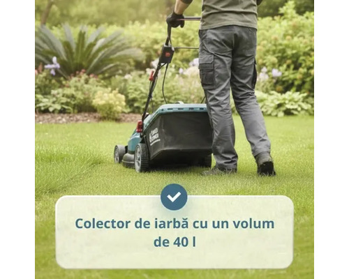 Mașină de tuns iarba cu colector de iarbă de 40 litri utilizată pe un gazon în grădină.