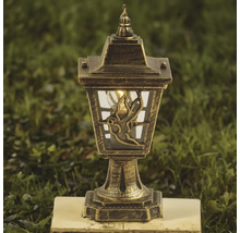Lanternă solară de grădină cu aspect de bronz și motiv cu pasăre pe sticlă.