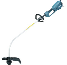 Trimmer electric pentru gazon Makita cu tijă curbată, mâner tip buclă și apărătoare de protecție.