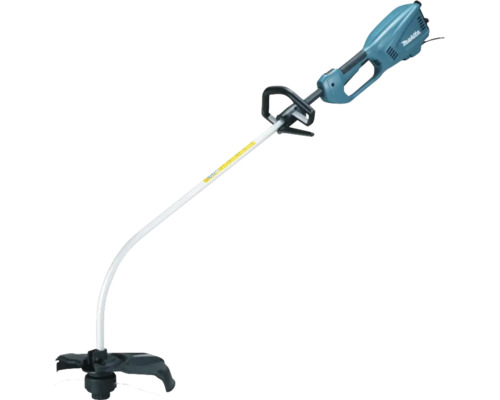 Trimmer electric pentru gazon Makita cu tijă curbată, mâner tip buclă și apărătoare de protecție.