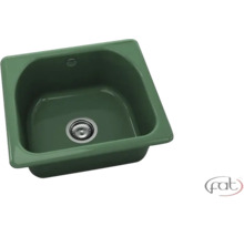 Chiuvetă încorporabilă verde cu o cuvă și ventil cu sită.