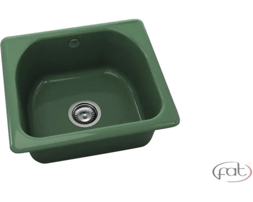 Chiuvetă încorporabilă verde cu o cuvă și ventil cu sită.