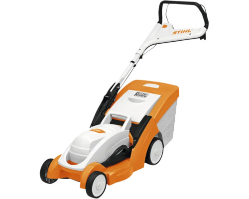 Mașină de tuns iarba STIHL cu coș colector pentru iarbă și mâner reglabil.