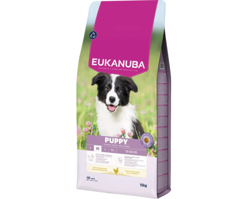 Hrană uscată Eukanuba Puppy pentru căței de talie medie de la 1 la 12 luni, cu pui proaspăt, sac de 15 kilograme.
