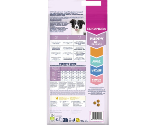 Eukanuba Logo. Hrană pentru căței de la una la douăsprezece luni cu tabel de hrănire, beneficii produs și informații despre reciclare.