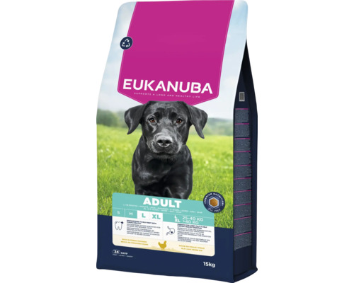 Hrană uscată Eukanuba Adult pentru câini de talie mare, bogată în pui proaspăt, susține îngrijirea dentară și digestia, sac de 15 kilograme.