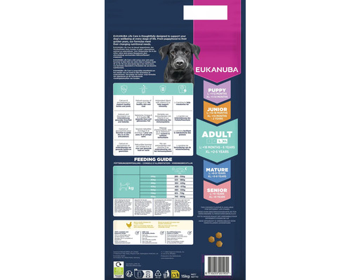 Spatele ambalajului Eukanuba cu tabel de hrănire, ingrediente pentru articulații și imunitate, etape de viață și Eukanuba Logo.