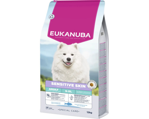 Eukanuba Sensitive Skin Adult hrană pentru câini de talie mică până la foarte mare, 12 kilograme, hipoalergenică cu pește oceanic.