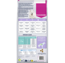 Grafic informativ pe spatele hranei pentru câini Eukanuba Special Care, cu recomandări de hrănire, ingrediente și beneficiile produsului.