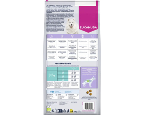 Grafic informativ pe spatele hranei pentru câini Eukanuba Special Care, cu recomandări de hrănire, ingrediente și beneficiile produsului.