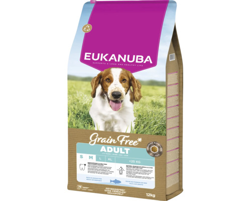 Hrană pentru câini fără cereale Eukanuba Adult pentru câini sub 25 kilograme cu pește oceanic, sac de 12 kilograme.