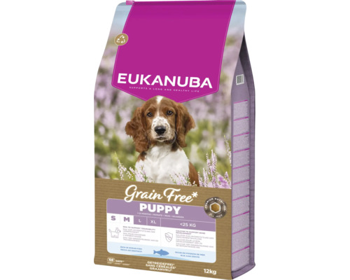 Hrană pentru căței Eukanuba fără cereale pentru rase mici și medii de până la 25 kilograme, bogată în pește oceanic, sac de 12 kilograme.