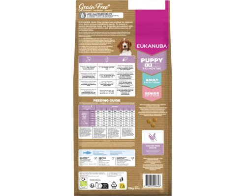 Hrană pentru căței Eukanuba Puppy fără cereale cu pește oceanic, sac de 12 kilograme, spate cu ghid de hrănire și ingrediente.