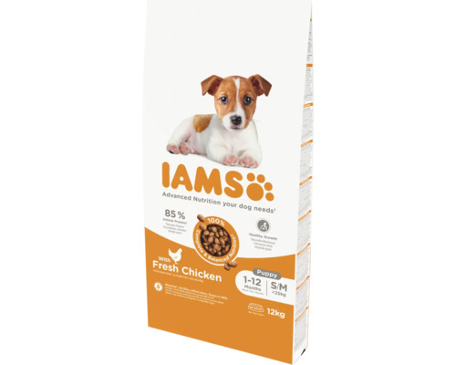 Hrană pentru căței IAMS pentru câini de talie mică și medie cu pui proaspăt, unu până la doisprezece luni, doisprezece kilograme.