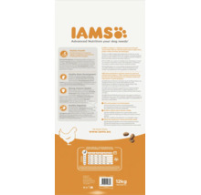 Spatele ambalajului IAMS pentru căței de 12 kilograme cu 85 la sută proteine animale, detalii despre creștere, imunitate și tabel de hrănire.