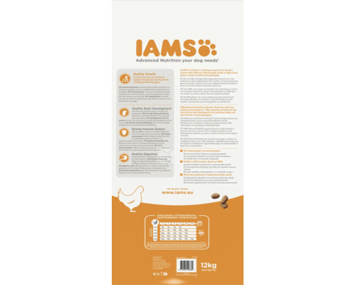 Spatele ambalajului IAMS pentru căței de 12 kilograme cu 85 la sută proteine animale, detalii despre creștere, imunitate și tabel de hrănire.