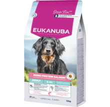 Hrană pentru câini adulți Eukanuba fără cereale, cu somon monoproteic, mărimea S până la XL, 12 kilograme. Îngrijire specială.