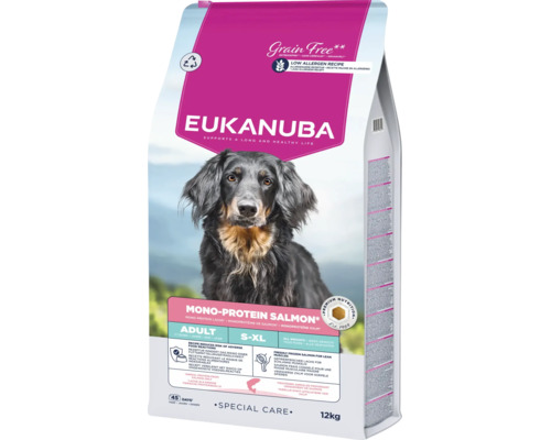 Hrană pentru câini adulți Eukanuba fără cereale, cu somon monoproteic, mărimea S până la XL, 12 kilograme. Îngrijire specială.