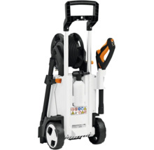 Curățitor cu înaltă presiune Stihl RE 140 PLUS cu tambur, roți, pistol, rezervor de detergent și instrucțiuni de siguranță.