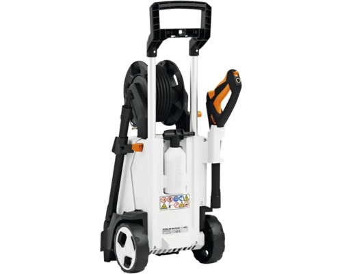Curățitor cu înaltă presiune Stihl RE 140 PLUS cu tambur, roți, pistol, rezervor de detergent și instrucțiuni de siguranță.