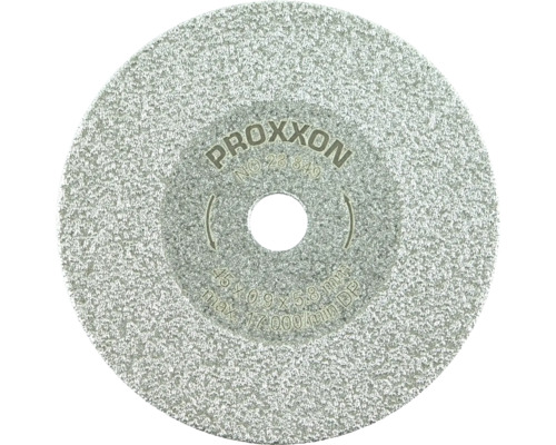 Disc de tăiere diamantat Proxxon, diametru 45 milimetri, grosime 0,9 milimetri, maxim 17.000 de rotații pe minut.