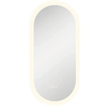 Oglindă de baie ovală cu iluminare LED și senzori tactili pentru lumină și funcție anti-aburire.
