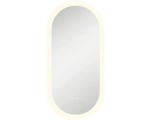 Oglindă de baie ovală cu iluminare LED și senzori tactili pentru lumină și funcție anti-aburire.