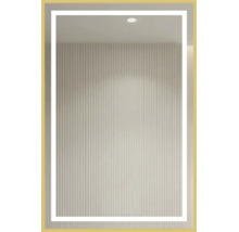 Oglindă de perete dreptunghiulară cu cadru auriu și bandă luminoasă cu LED integrată.