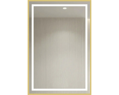 Oglindă de perete dreptunghiulară cu cadru auriu și bandă luminoasă cu LED integrată.