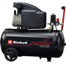 Compresor Einhell negru cu motor cu inducție, rezervor orizontal, manometru și roți.