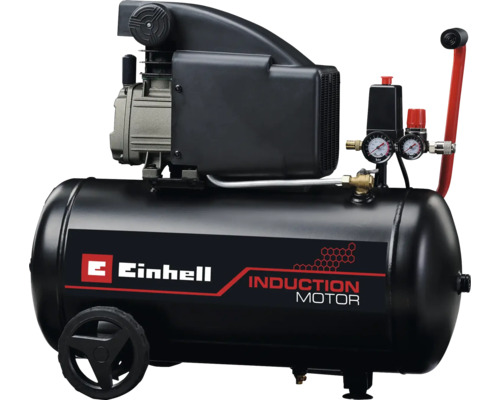 Compresor Einhell negru cu motor cu inducție, rezervor orizontal, manometru și roți.