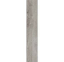 Placă de parchet laminat cu aspect de lemn gri, cu noduri și textură.