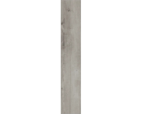 Placă de parchet laminat cu aspect de lemn gri, cu noduri și textură.