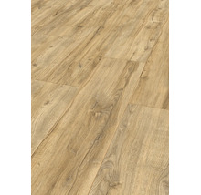 Pardoseală laminată cu aspect de stejar, textură naturală a lemnului și noduri vizibile.