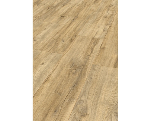 Pardoseală laminată cu aspect de stejar, textură naturală a lemnului și noduri vizibile.