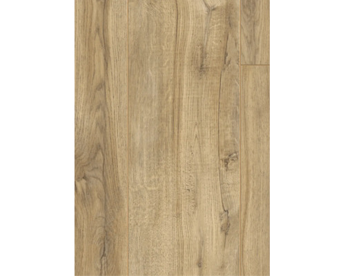 Pardoseală laminată cu decor de stejar și suprafață structurată din lemn cu noduri vizibile.
