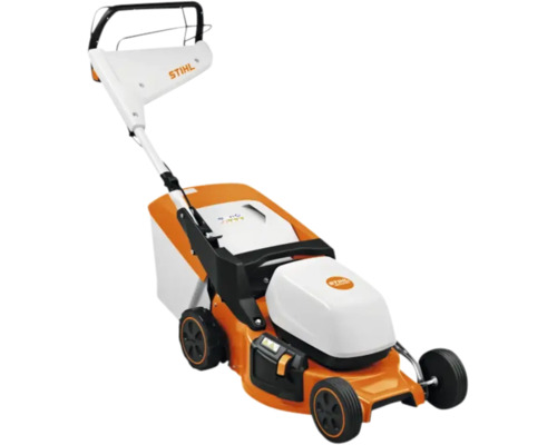 Mașină de tuns iarba cu acumulator Stihl cu coș de colectare a ierbii și mâner reglabil.